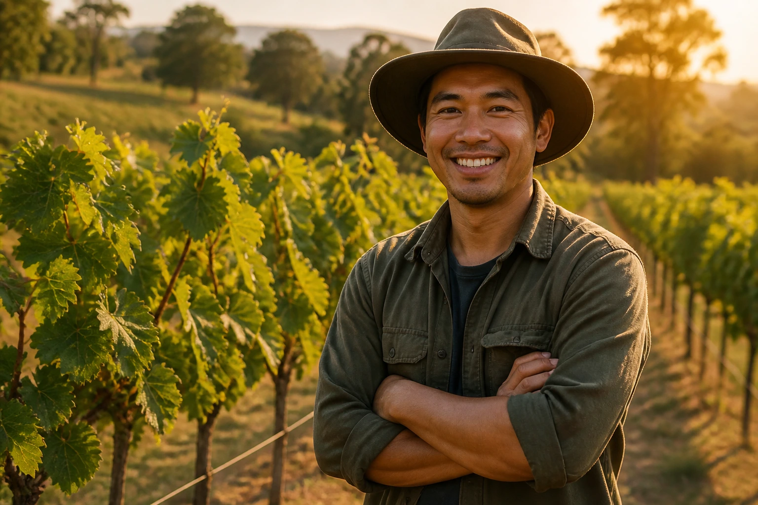Vineyard groundskeeper portrait among vines at golden hour