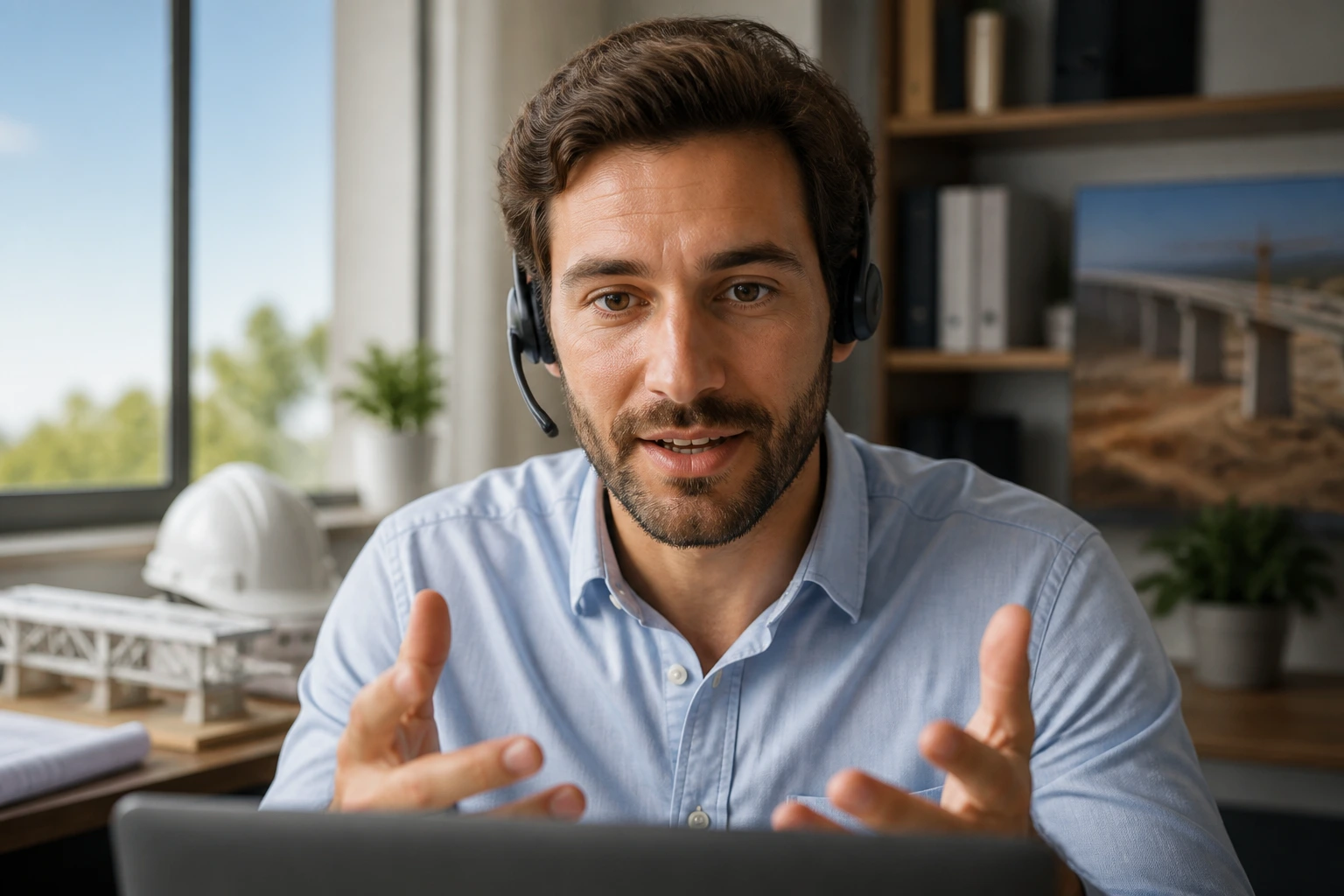 Close-up of a civil engineer during a remote interview via video call.