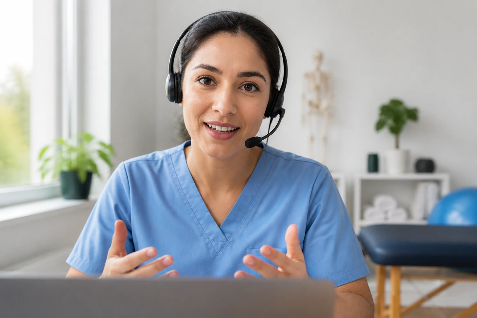 Portrait of clinician with headset in bright home office for virtual interview