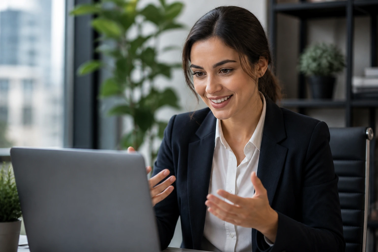 Close-up of a professional during a virtual interview in a modern office