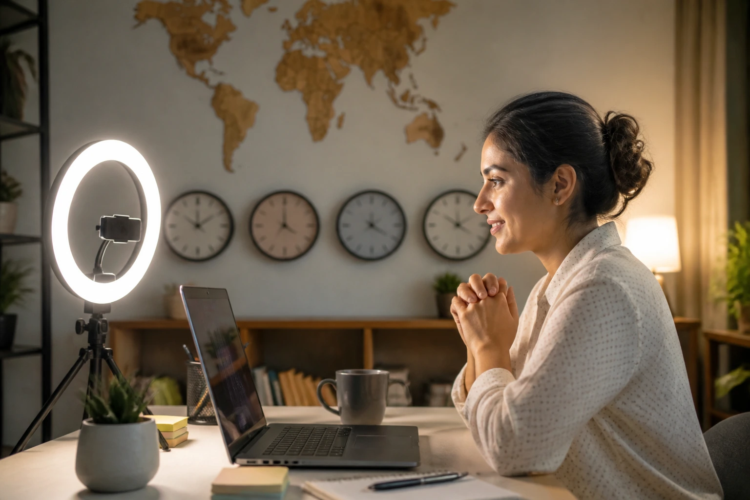 Portrait of a candidate prepared for virtual interviews across time zones in a home office