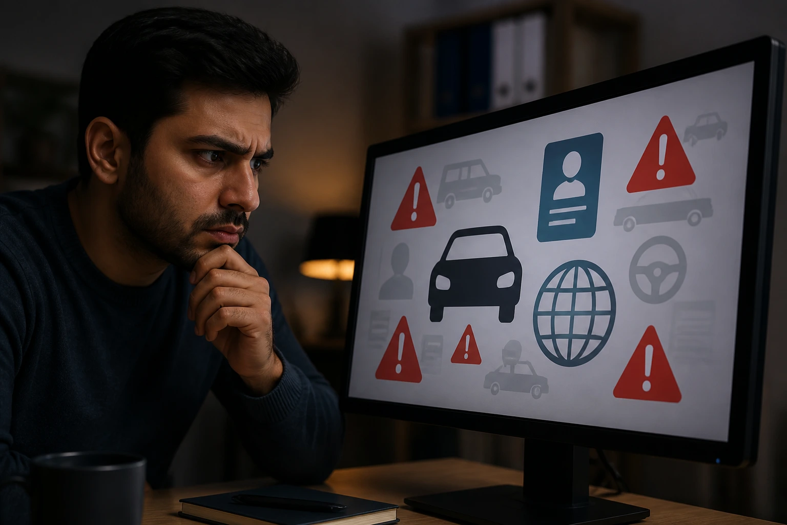 Wary person examining visa-related job ad icons on a monitor