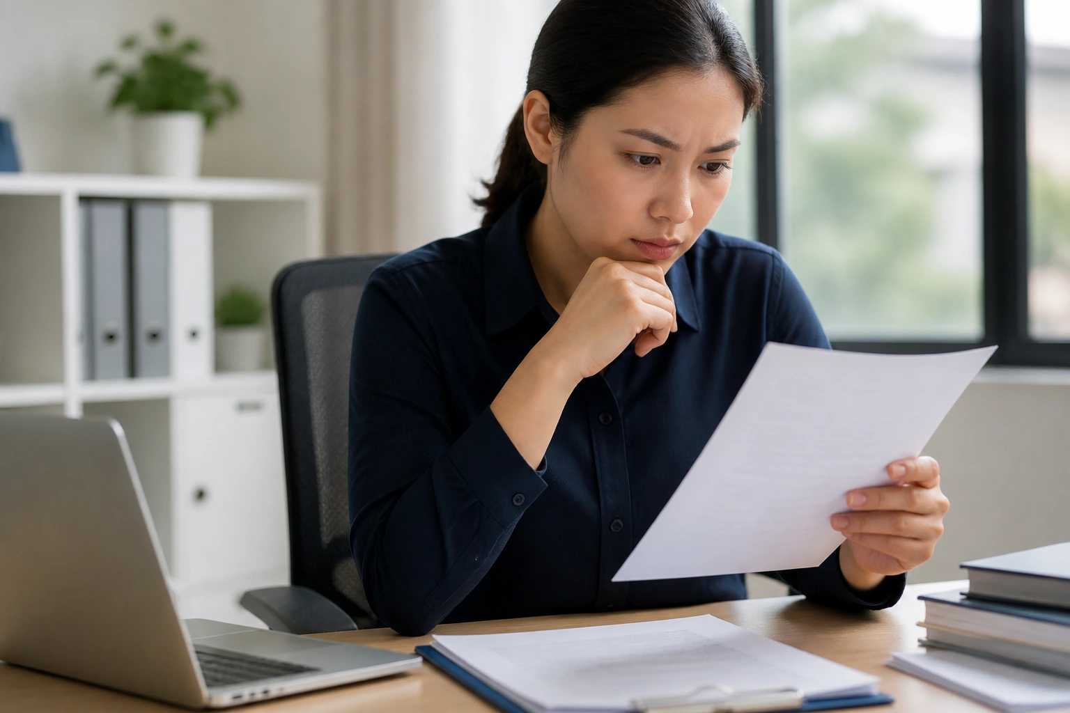 Professional reviewing sponsorship information in an office, emphasizing careful checks