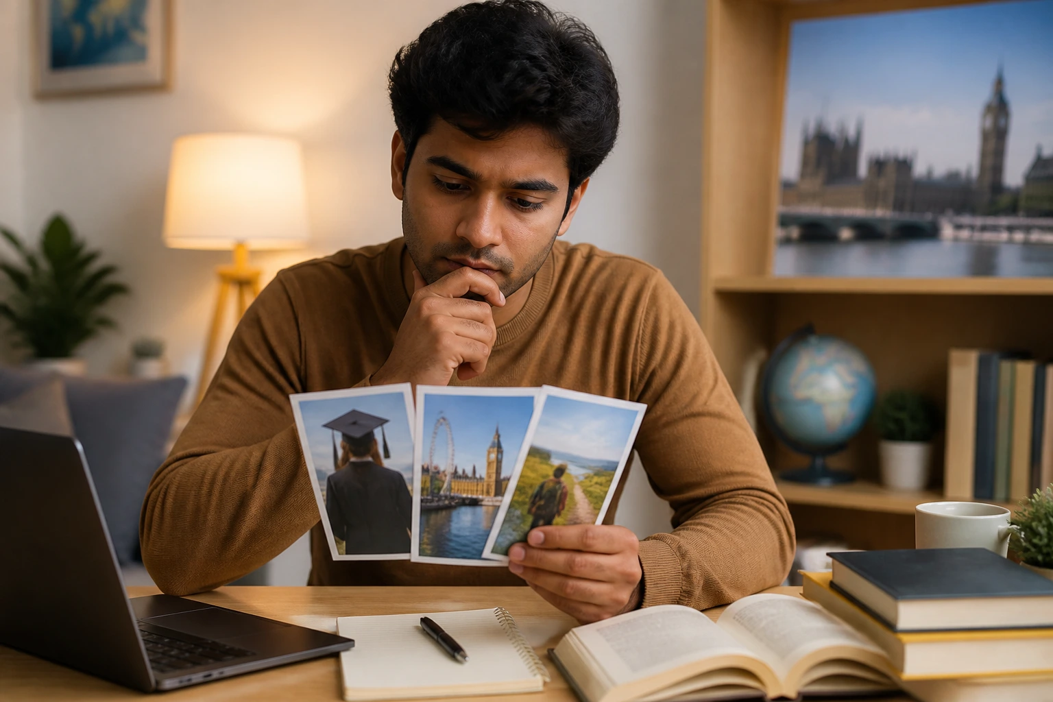 Person contemplating visa alternatives at a desk with study materials.