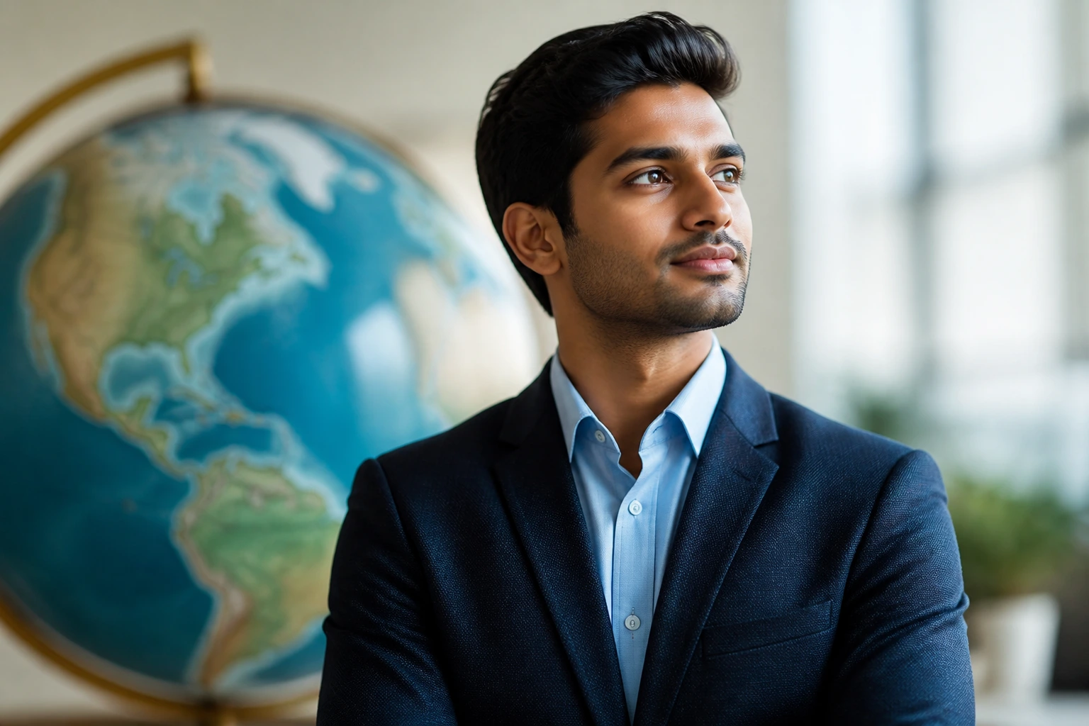 Portrait of an international professional with a world map backdrop