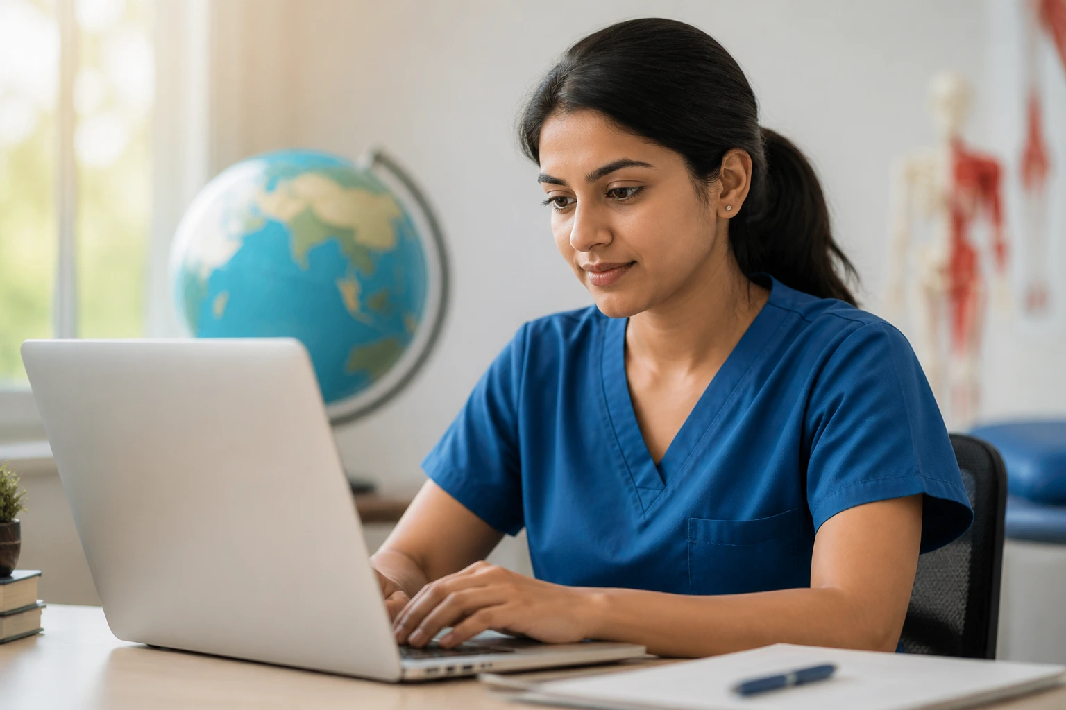 Portrait of a physiotherapist at a desk with laptop and globe background