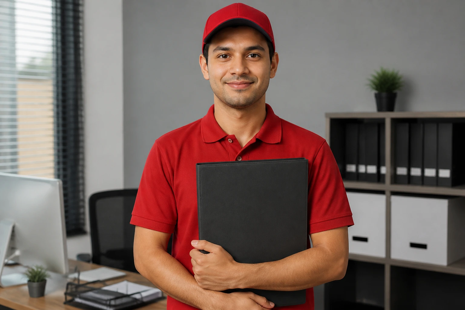 Person holding blank folder in office