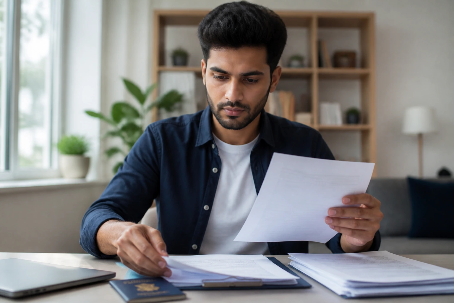 Visa applicant organizing documents at desk with focused expression