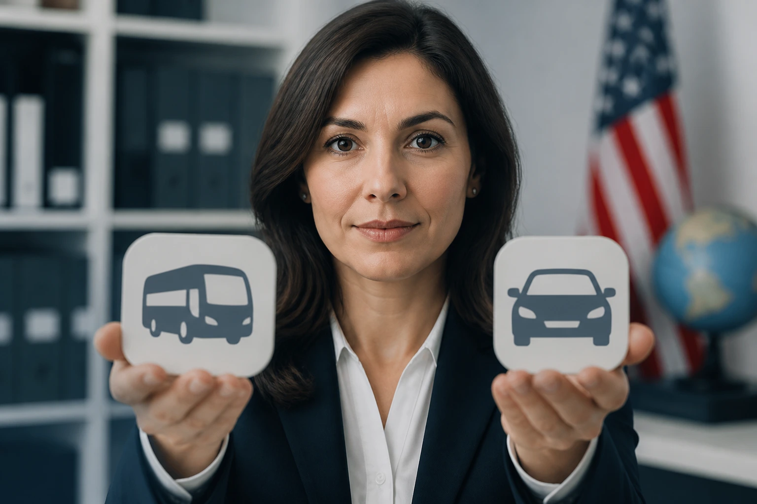 Person holding abstract visa-category icons in a professional setting.