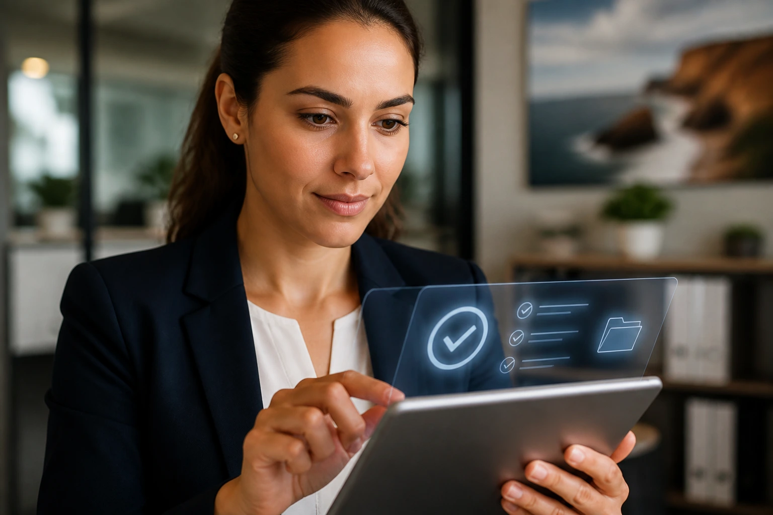 Professional reviewing visa compliance on a tablet with abstract UI