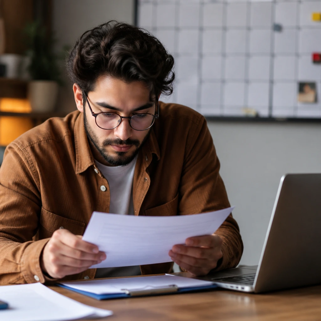 Graphic designer reviewing a generic form at a desk with laptop nearby