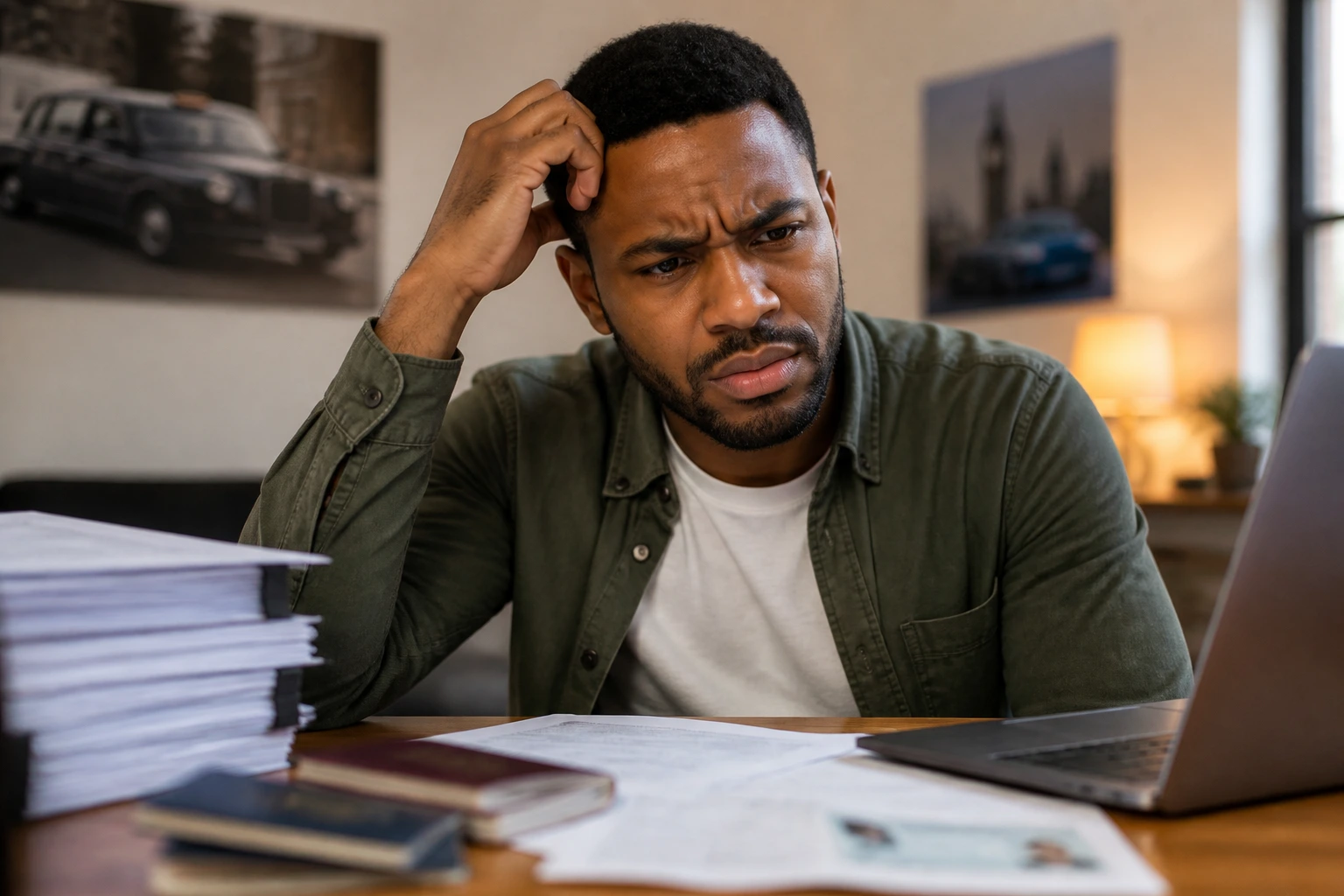 Close-up portrait of a puzzled applicant at a desk with visa documents in a warm office.