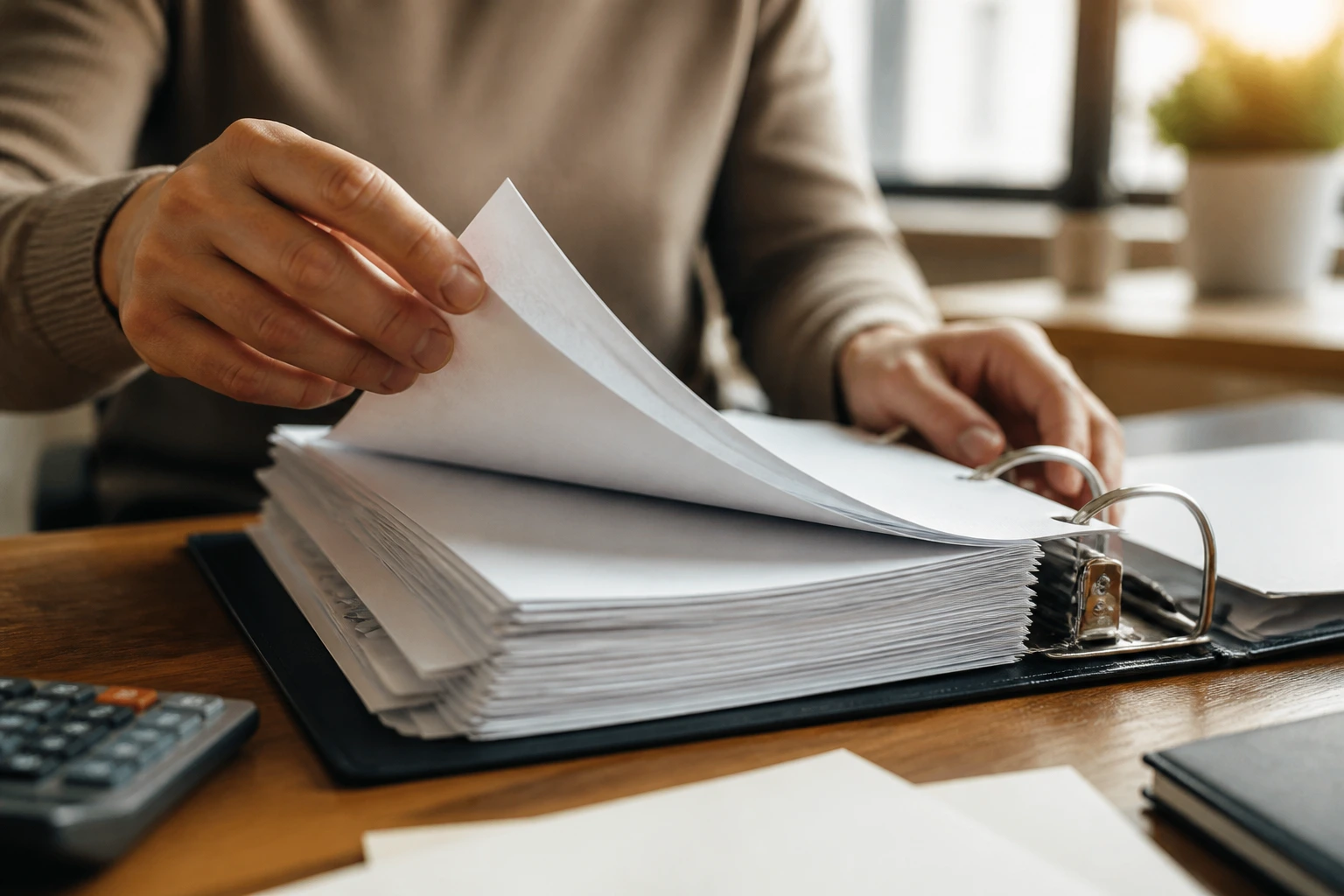 Close-up of hands turning pages in a binder with blank sheets, financial planning concept, UK visa costs