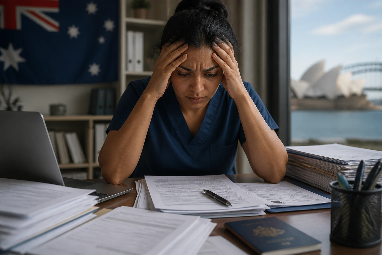 Person showing worry about visa delays in a study space