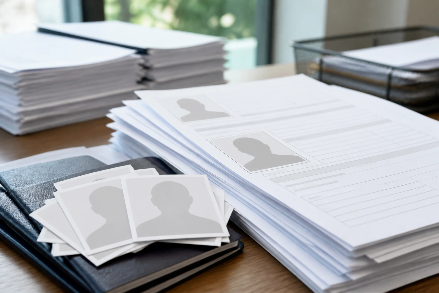 Close-up of blank documents and passport photo silhouette on desk for visa prep