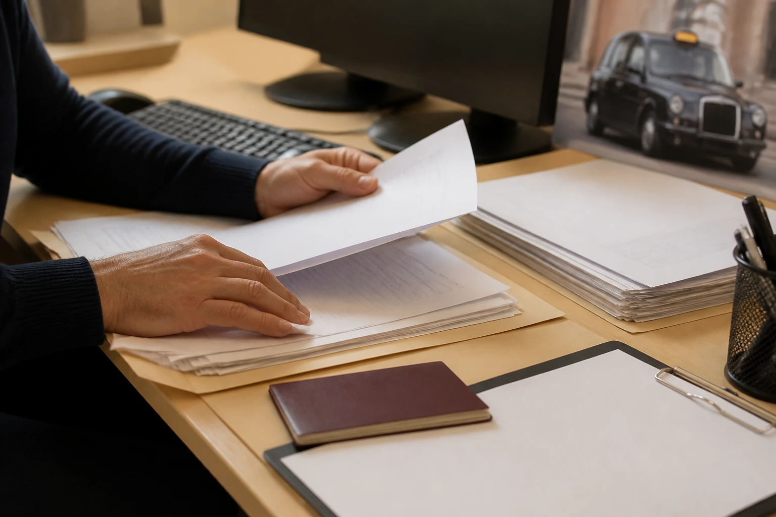 Hands sorting blank forms with a passport-like item on a desk in an office
