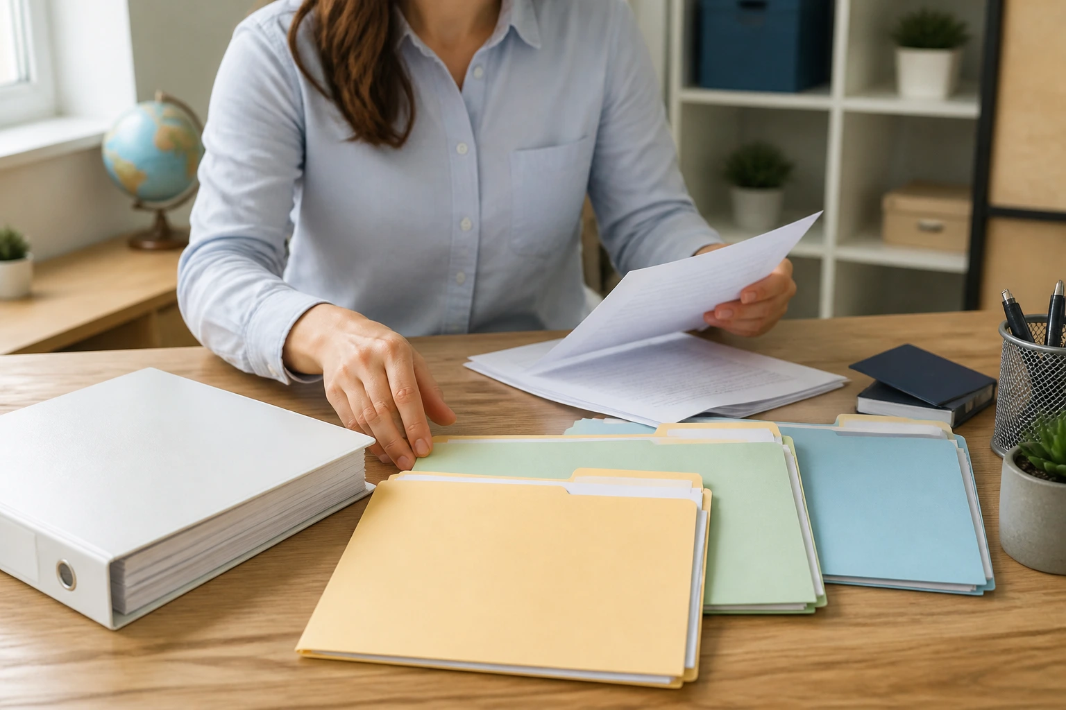 Person organizes visa documents at a desk in a home office.