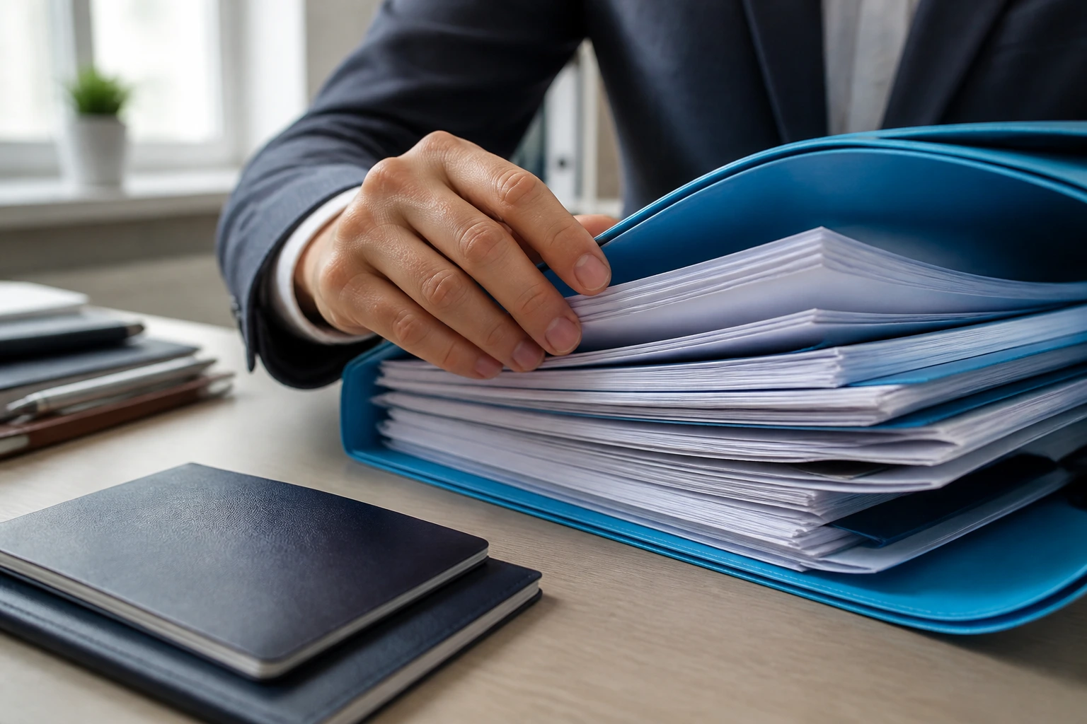 Close-up of hands organizing blank official documents in a folder on an office desk