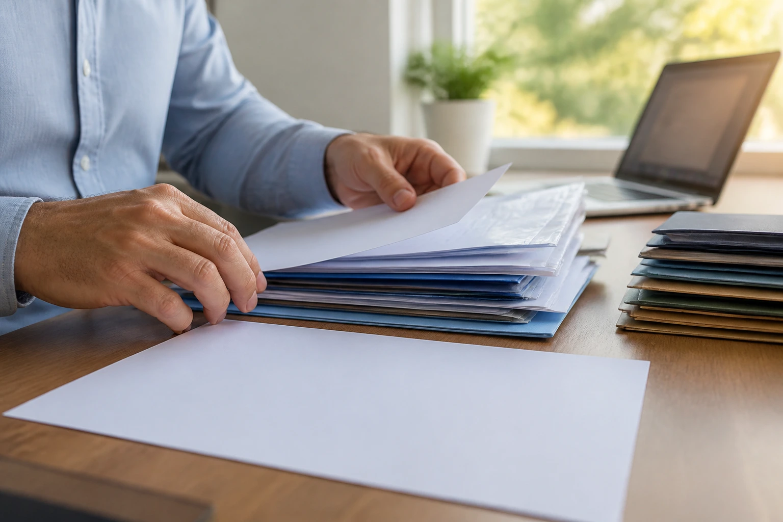 Hands organizing visa documents on a desk with no legible text