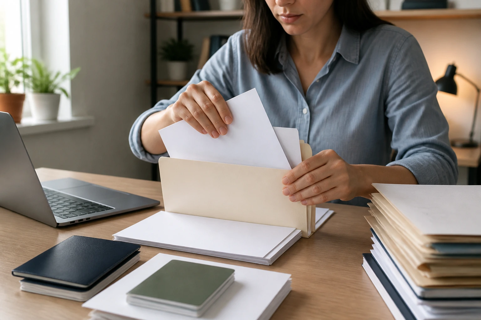 Close-up of hands organizing blank documents in a folder for visa applications