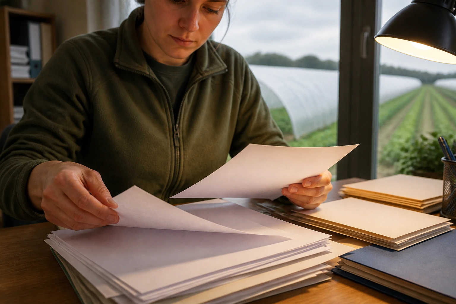 Hands organizing blank visa documents in an office