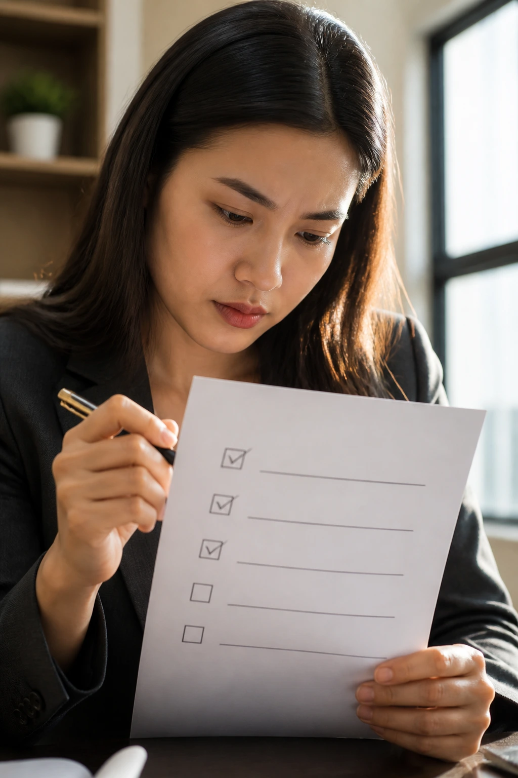 Close-up portrait evaluating visa eligibility with a blank checklist in an office