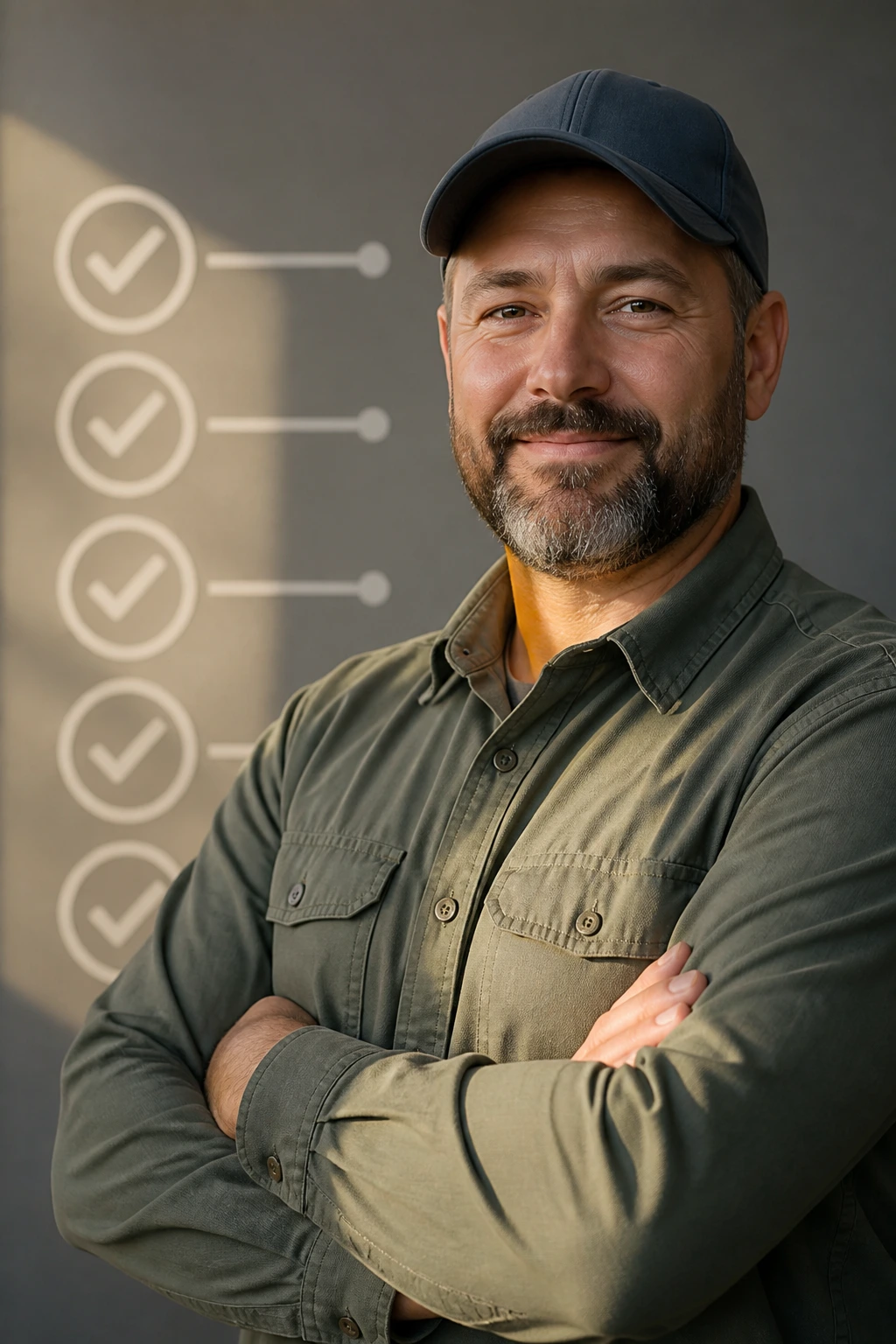 Portrait of truck driver with abstract checkmark icons on wall