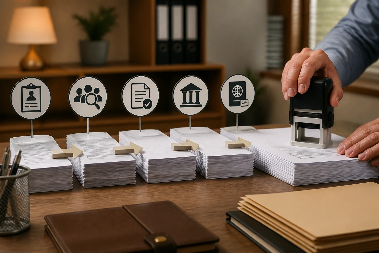 Close-up of blank employment forms and a hand stamping a document, symbolizing an H-2B visa case workflow