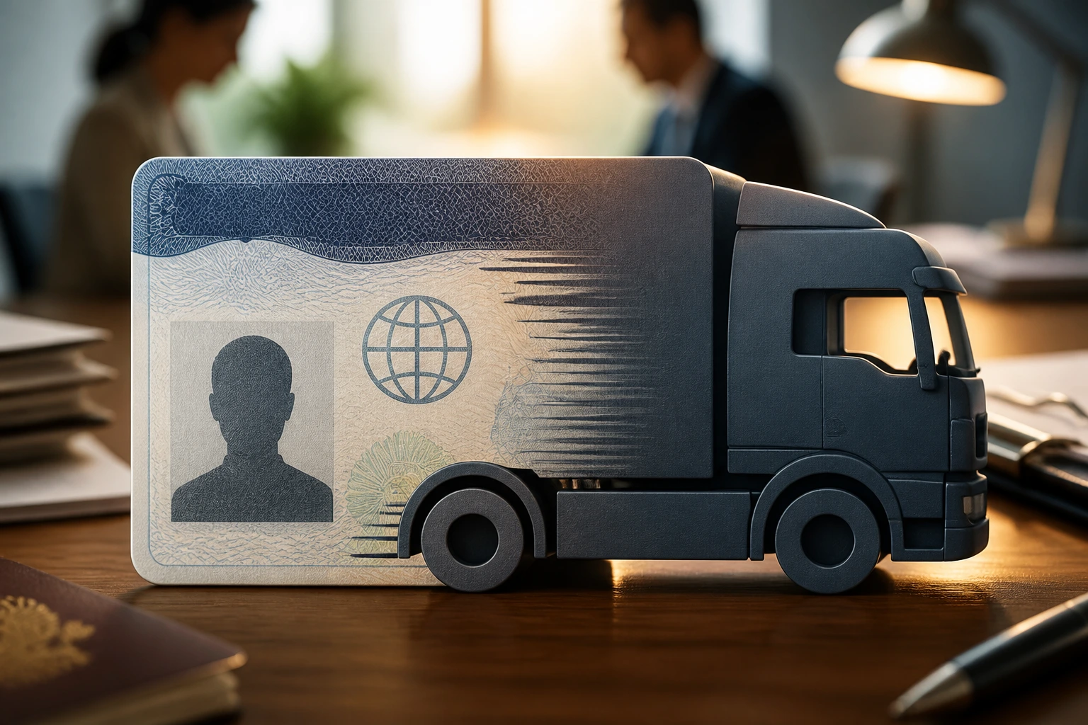 Close-up of a stylized visa icon fused with a truck silhouette, representing the Skilled Worker Visa for HGV drivers