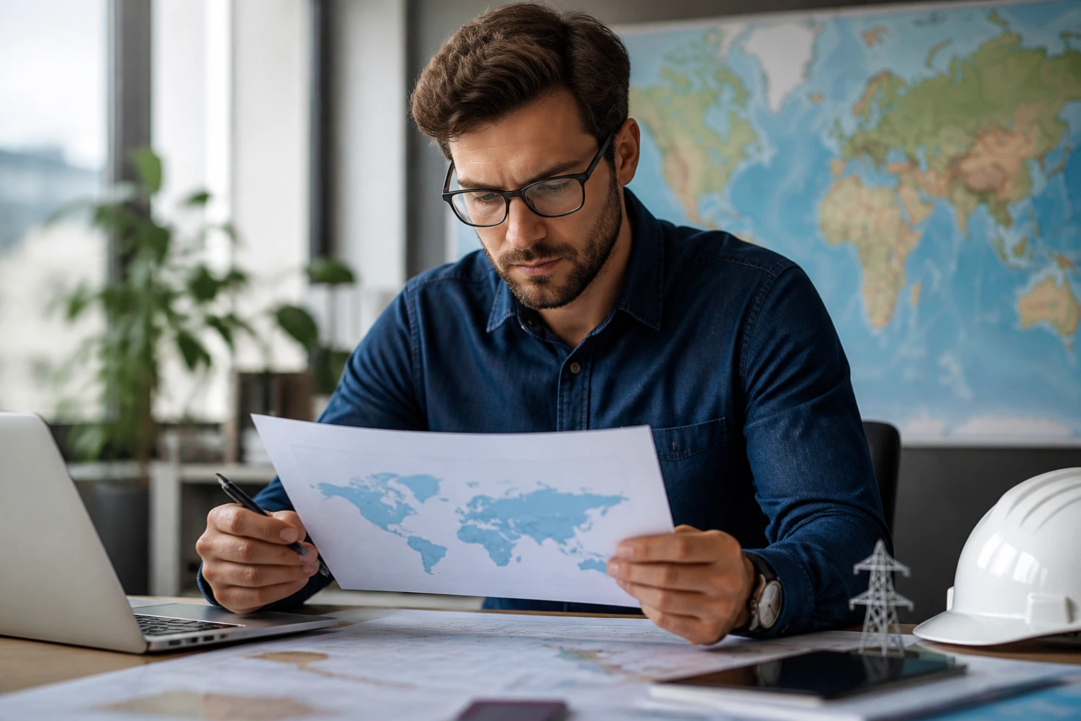 Engineer reviewing visa options at desk with world map