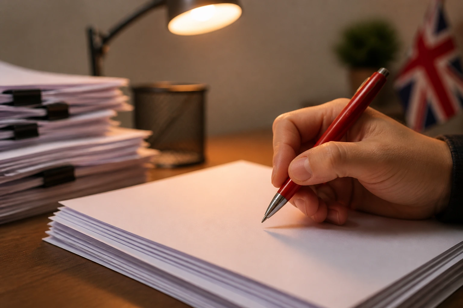 Close-up of hand with red pen over blank documents showing careful review to avoid errors