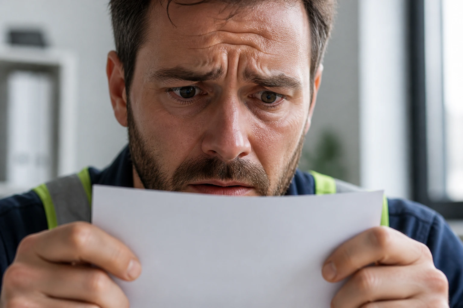 Close-up portrait of a worried person holding a blank visa form, depicting common visa application mistakes
