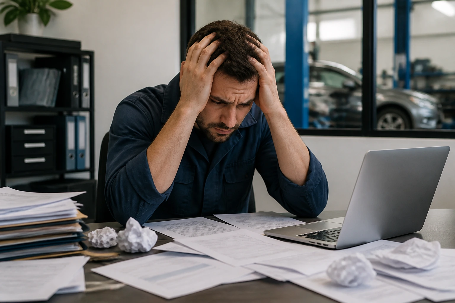 Person stressed at a desk with papers and laptop in an office