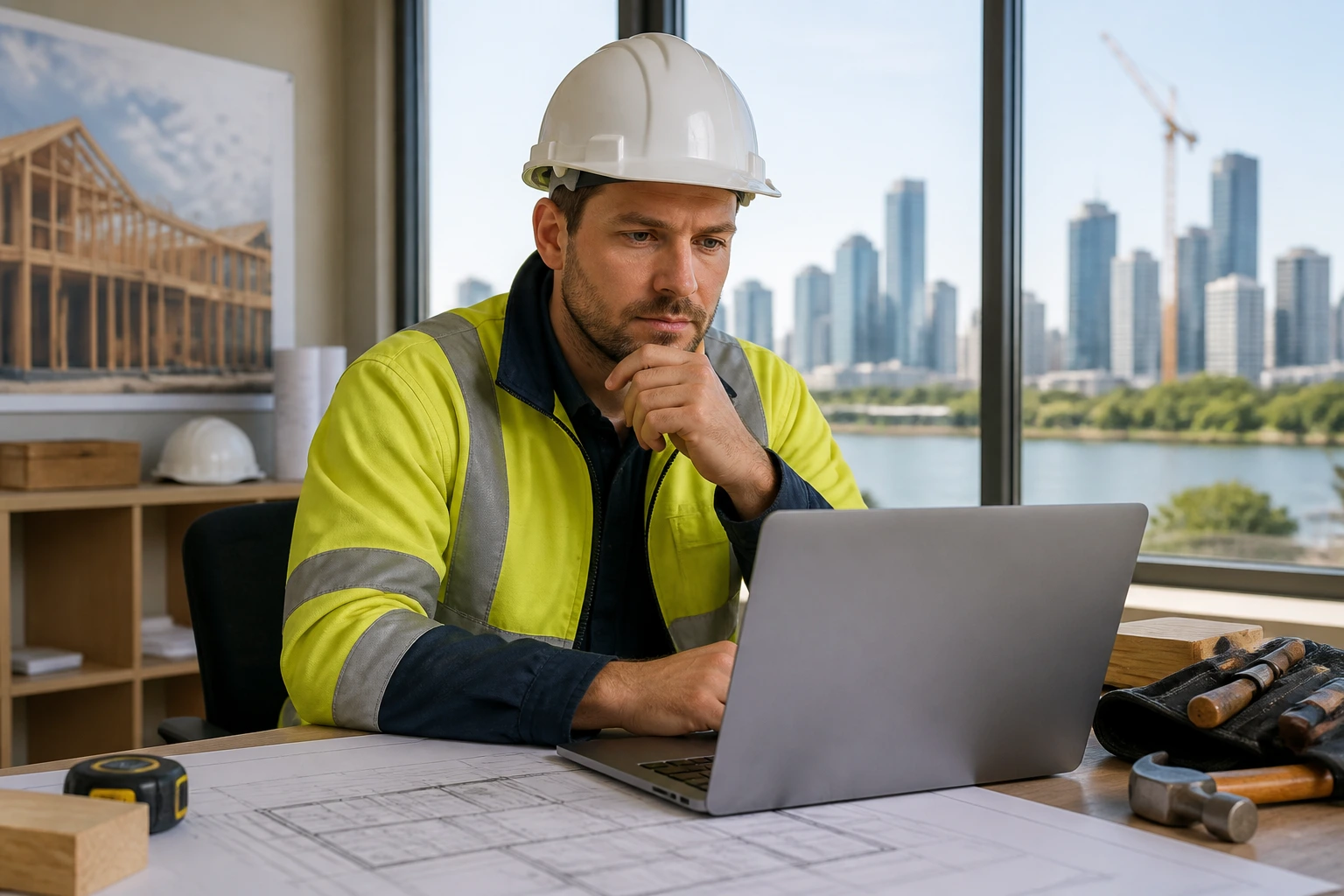 Carpenter reviewing visa options in a site office