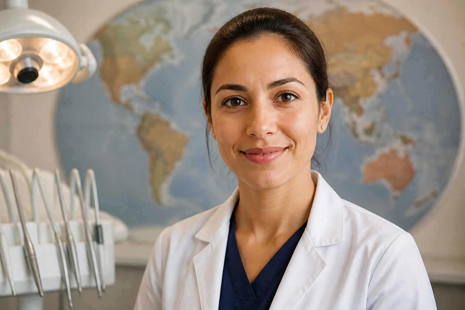Dentist portrait with world map background suggesting visa options