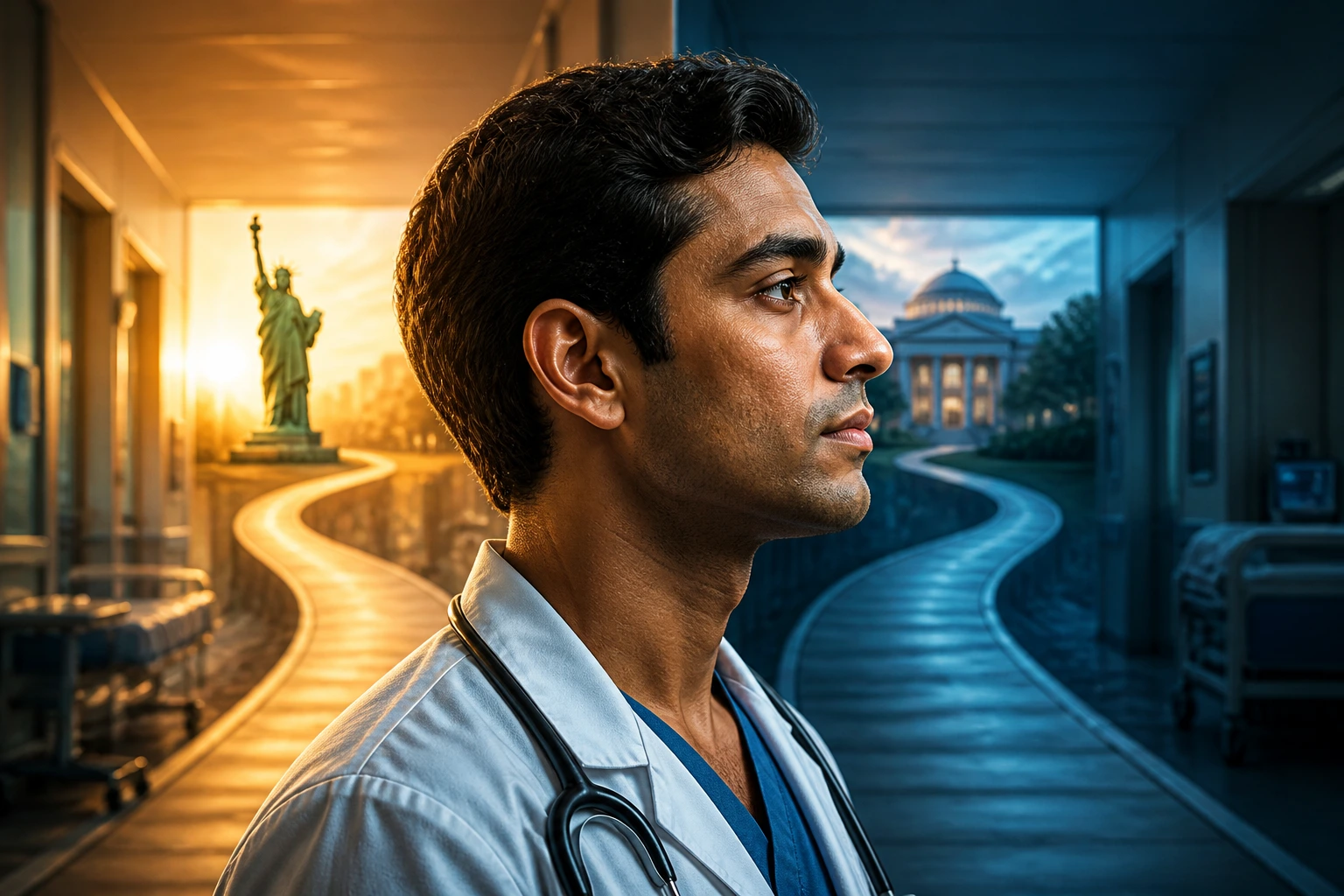Doctor in profile with split background suggesting visa options