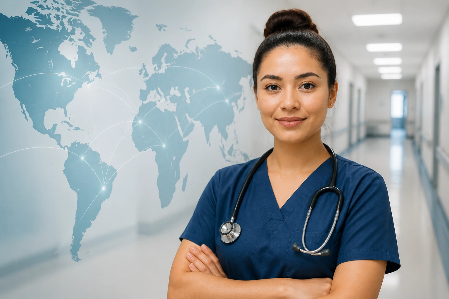 Nurse in hospital corridor illustrating visa options and international mobility