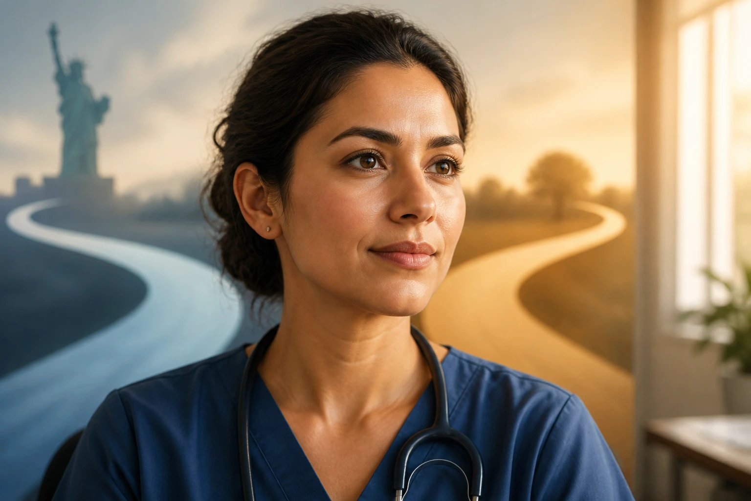 Portrait of a nurse considering visa options with abstract dual-path background.