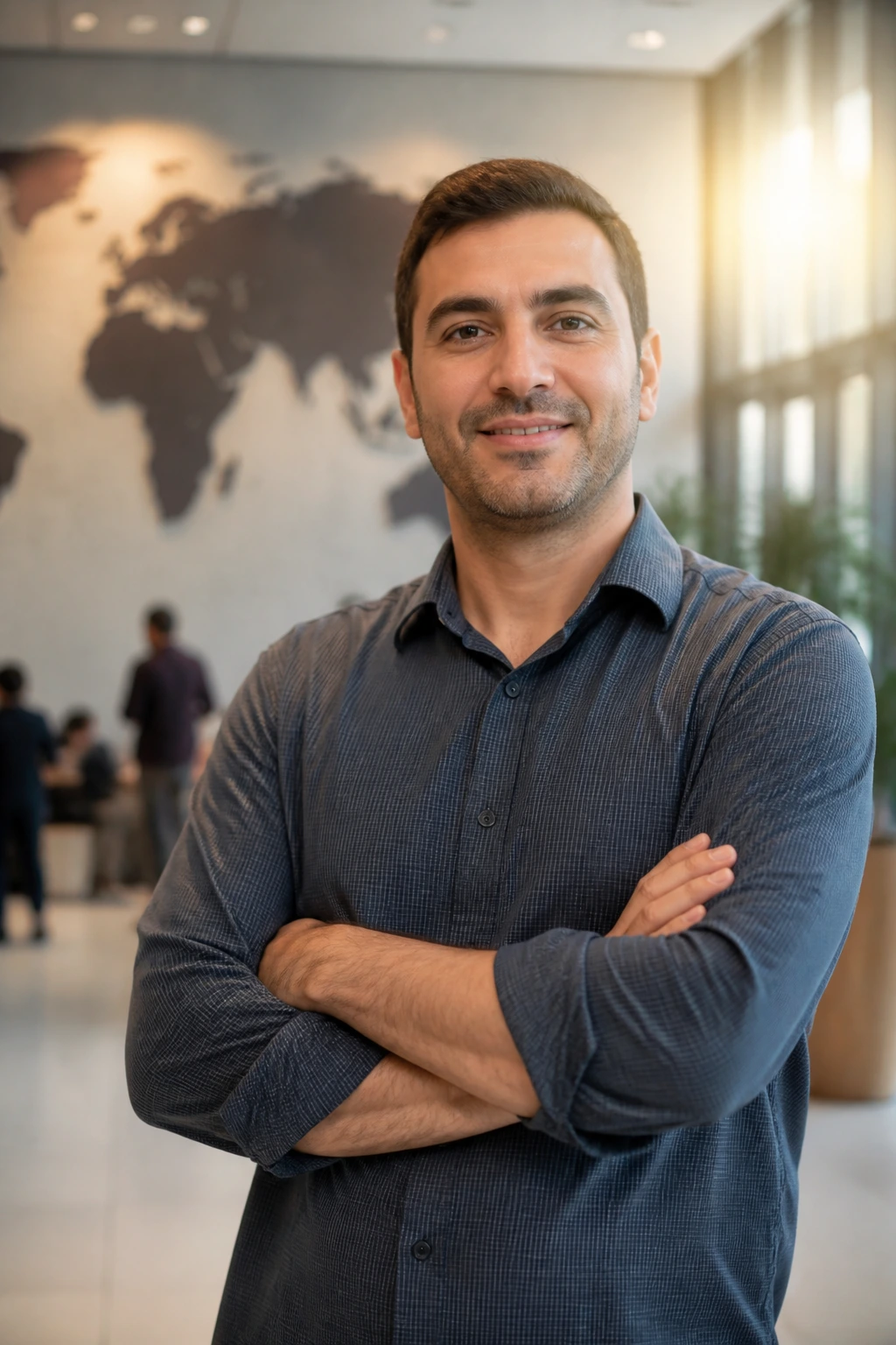 Portrait of a hopeful immigrant worker in a modern office lobby with a world map backdrop