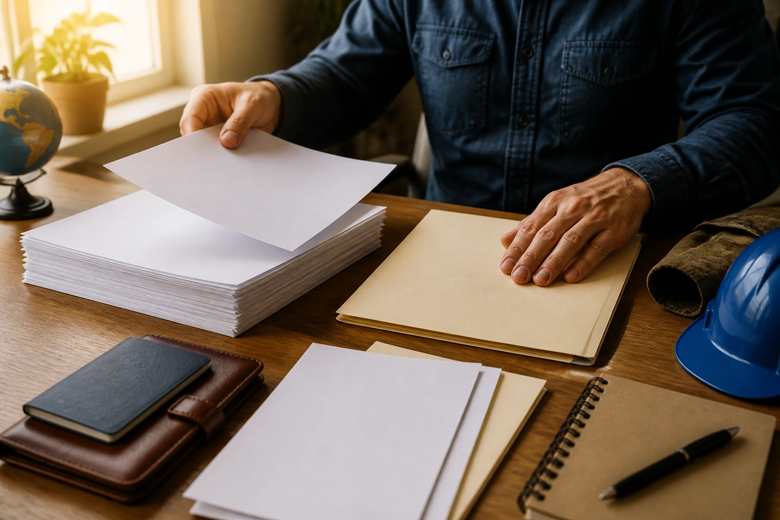 Hands organizing blank forms on a desk for visa and medical paperwork