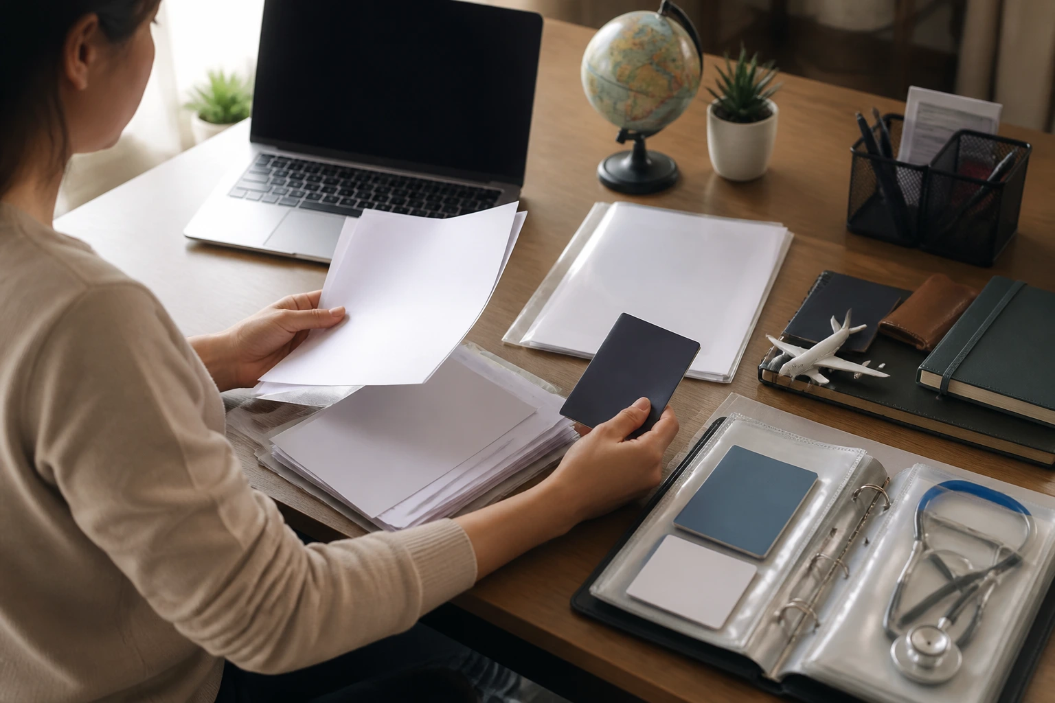 Person organizing documents at a desk with blank sheets