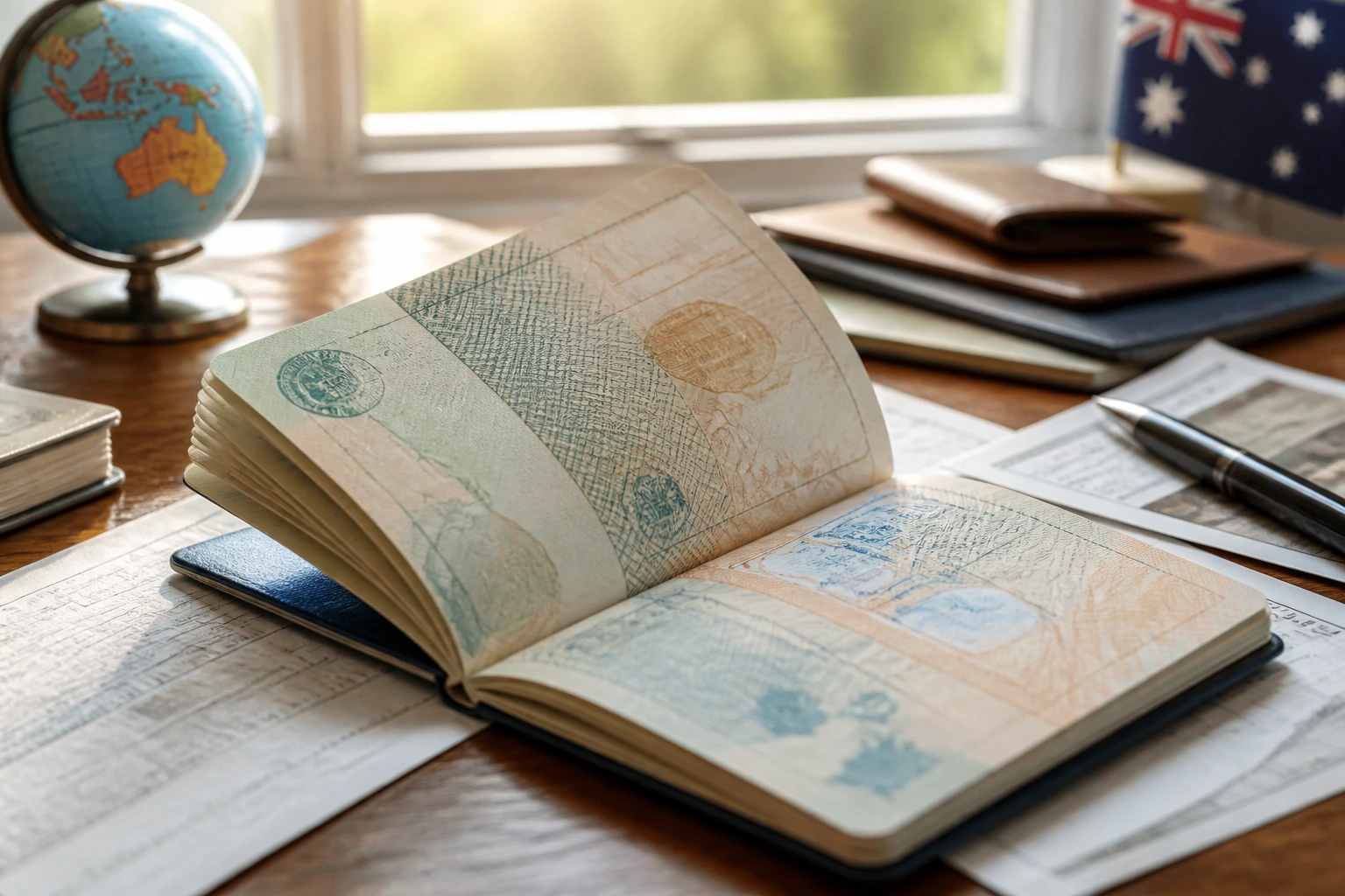 Close-up of passport with visa pages and travel documents on a desk, no legible text.