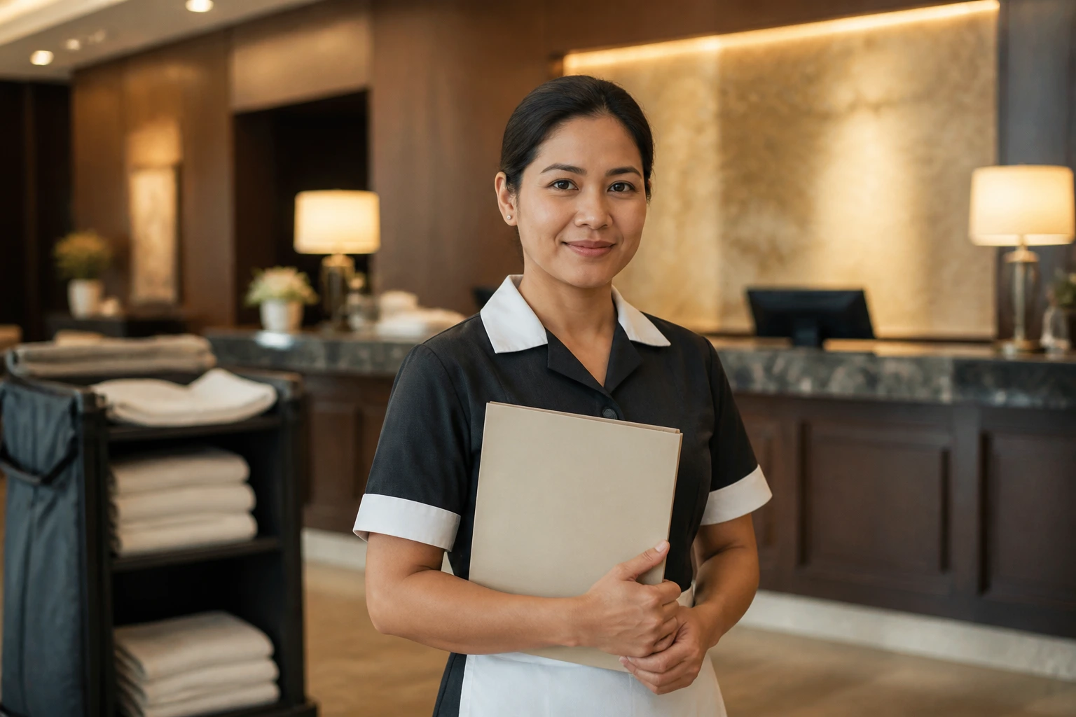 Hotel worker in uniform holding a plain folder in a hotel lobby