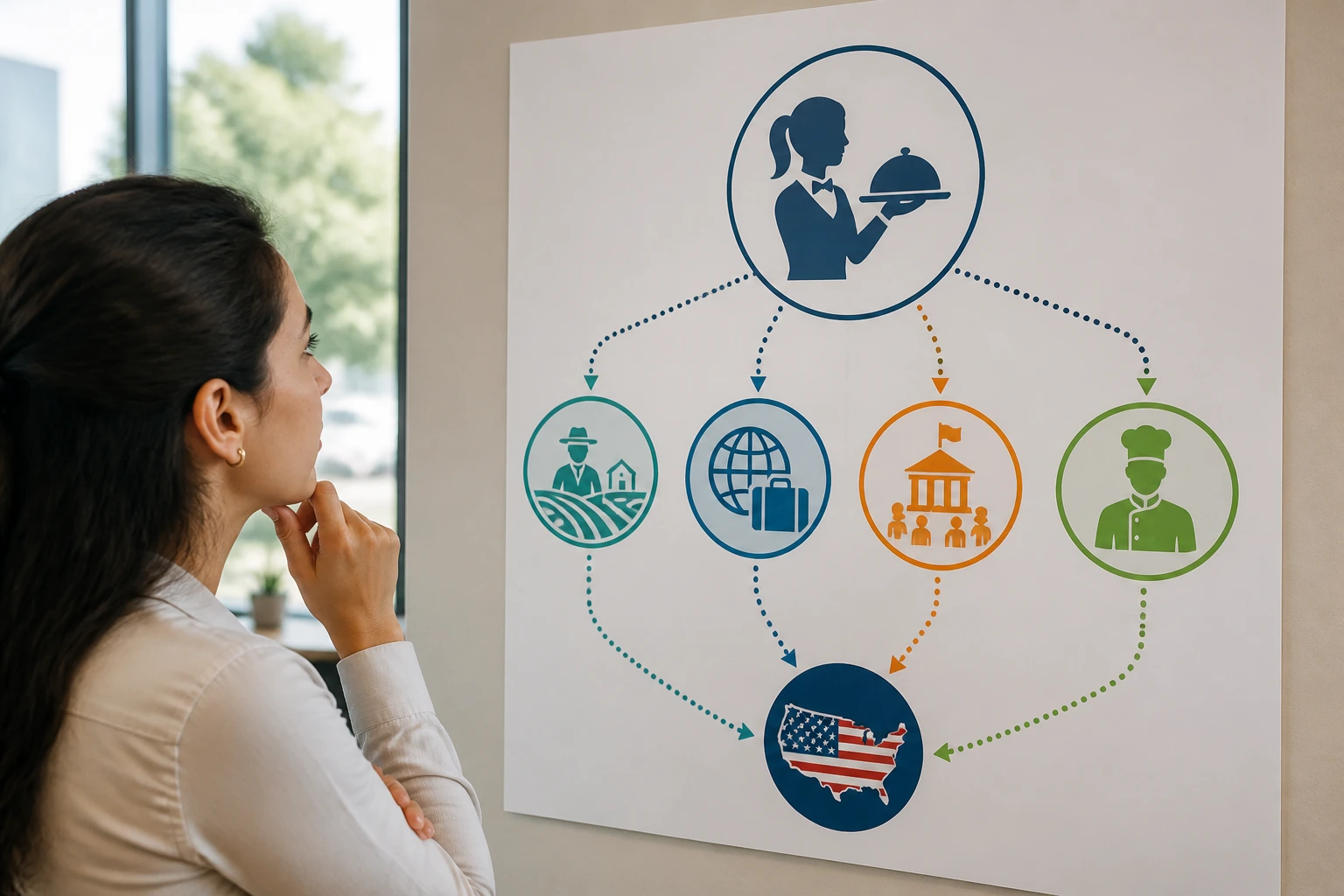 Person studying a visa path diagram in an office
