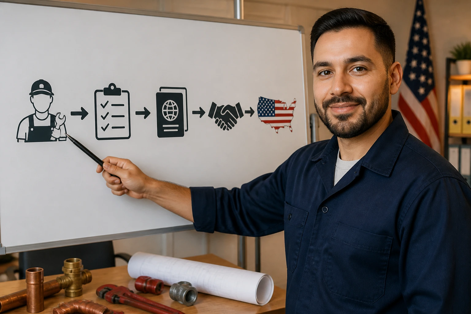 Plumber outlining a visa pathway on a whiteboard in an office