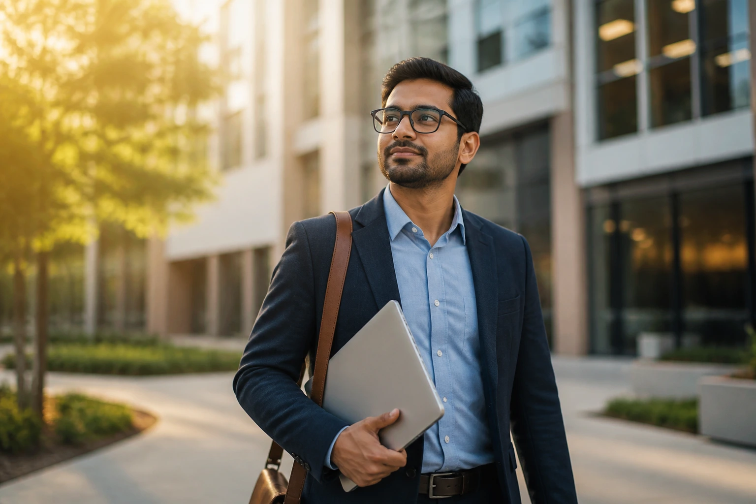 Professional walking through a campus or research facility exemplifying visa alternatives.