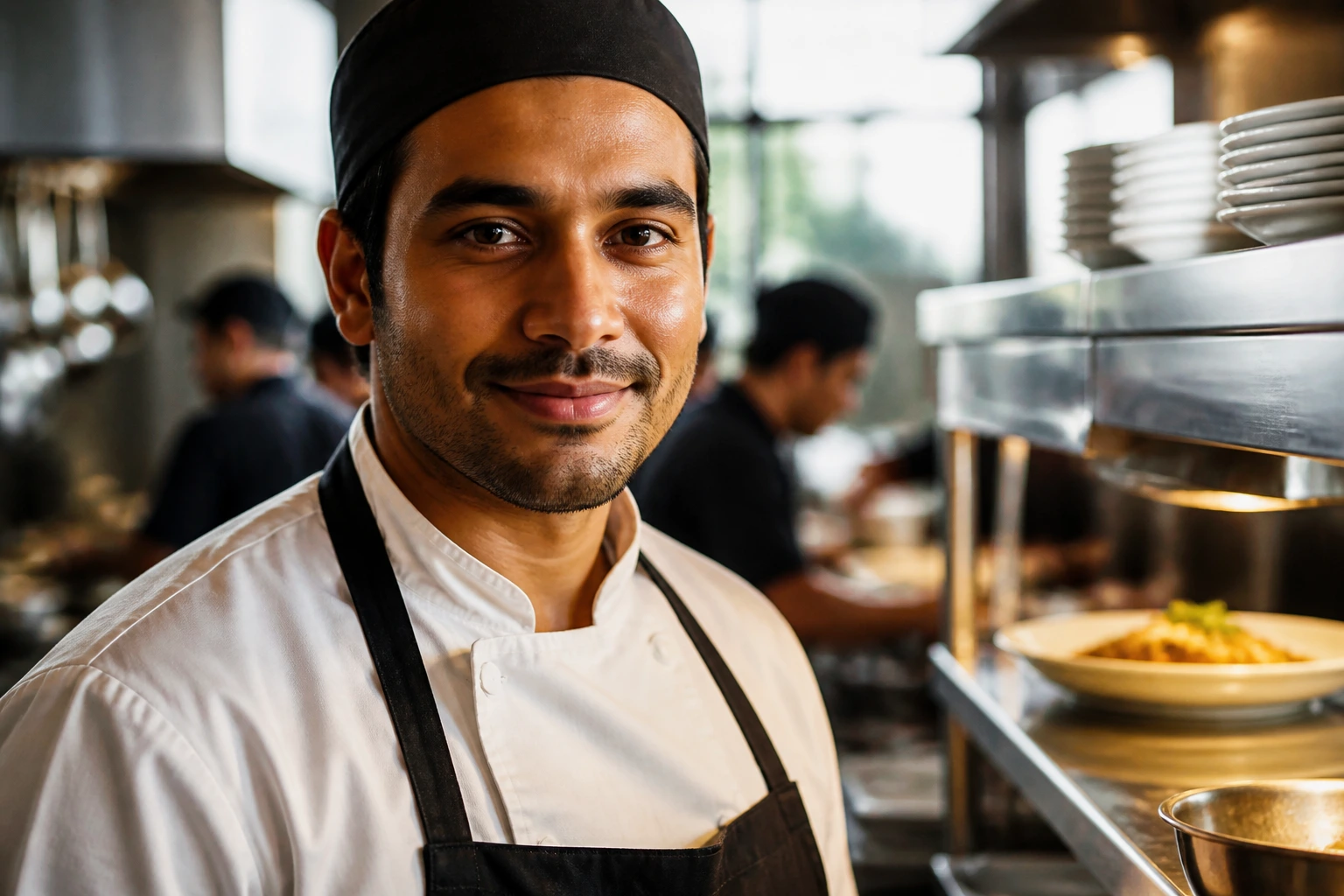 Foreign cook portrait at kitchen pass with blurred background