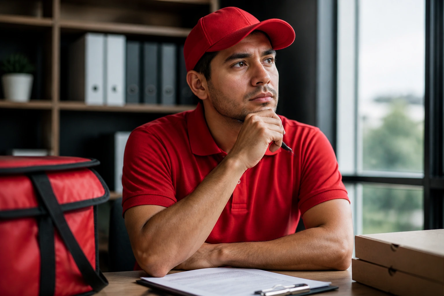 Pizza driver in uniform in an office setting, contemplating visa options.