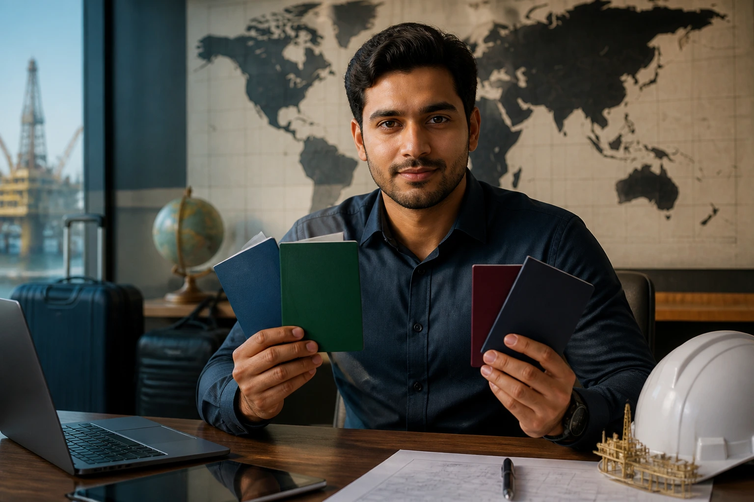 Engineer in an office with a world map backdrop