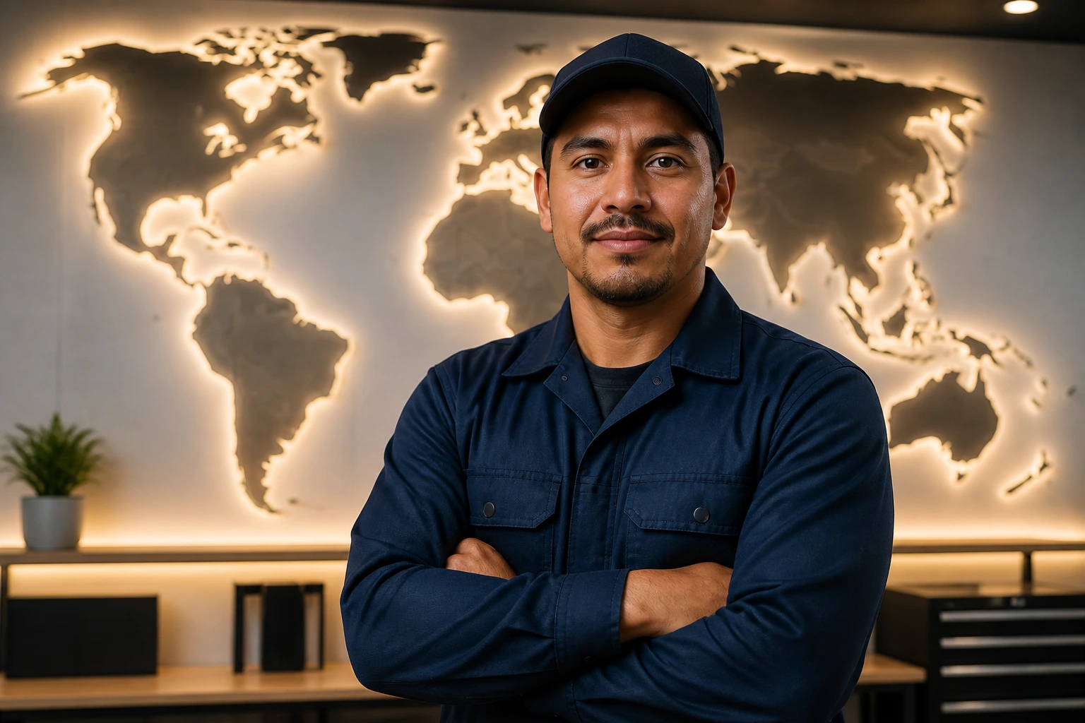 Maintenance technician in front of a world map in an office-like setting